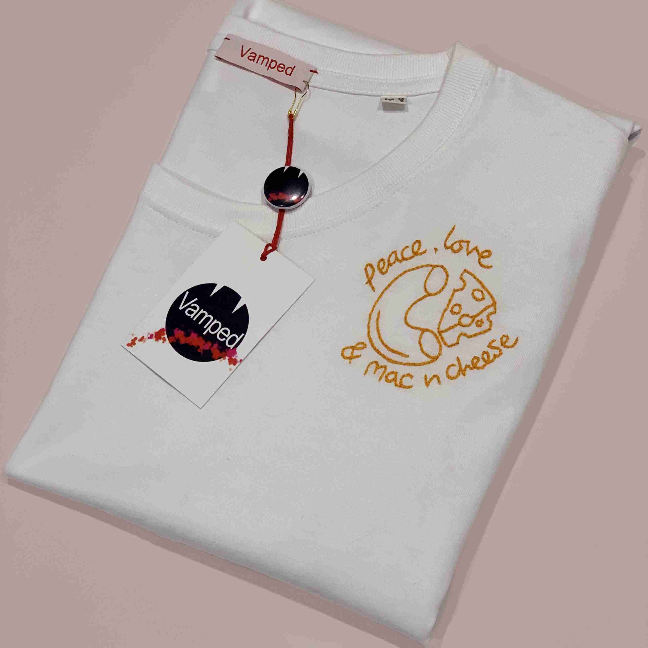 Peace Love and Mac n Cheese - Grey or Navy Unisex / Women's White T shirt - Hand Embroidered - Image 3