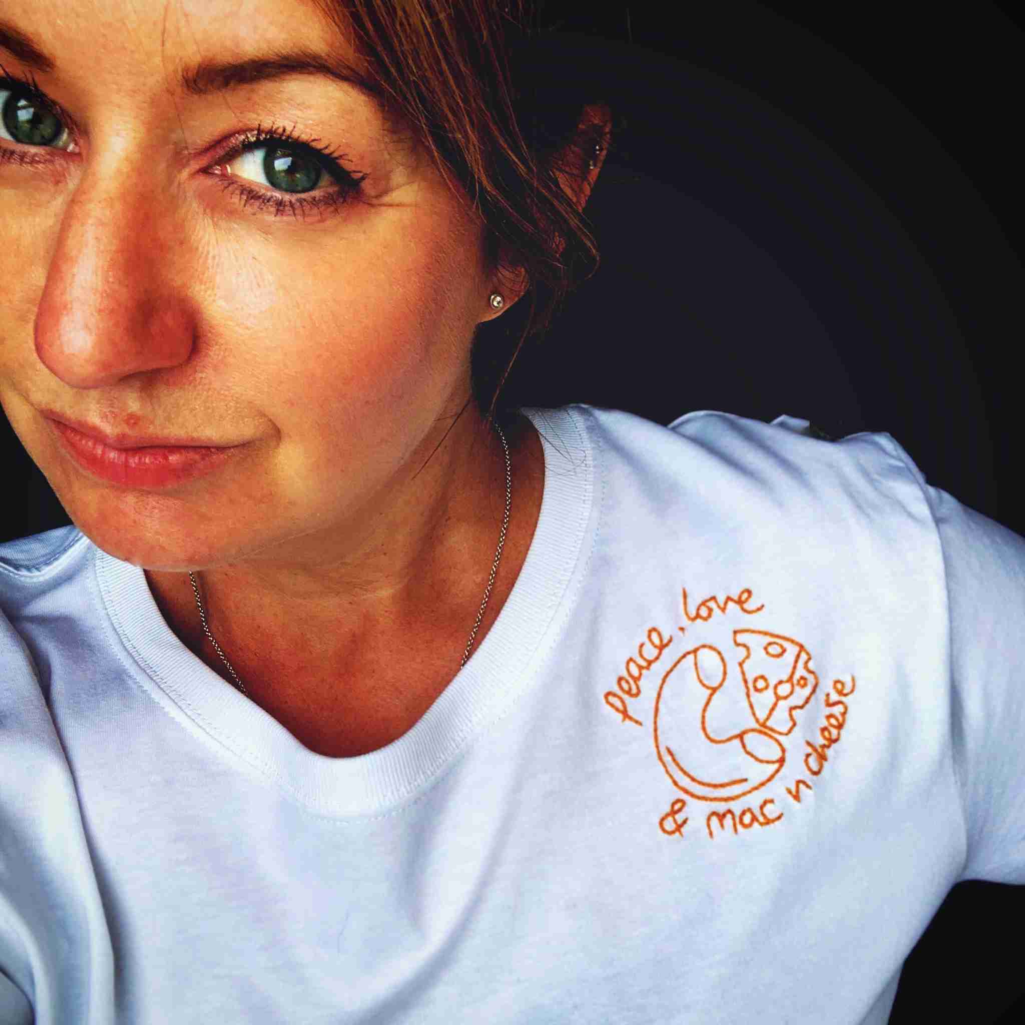 Peace Love and Mac n Cheese - Grey or Navy Unisex / Women's White T shirt - Hand Embroidered