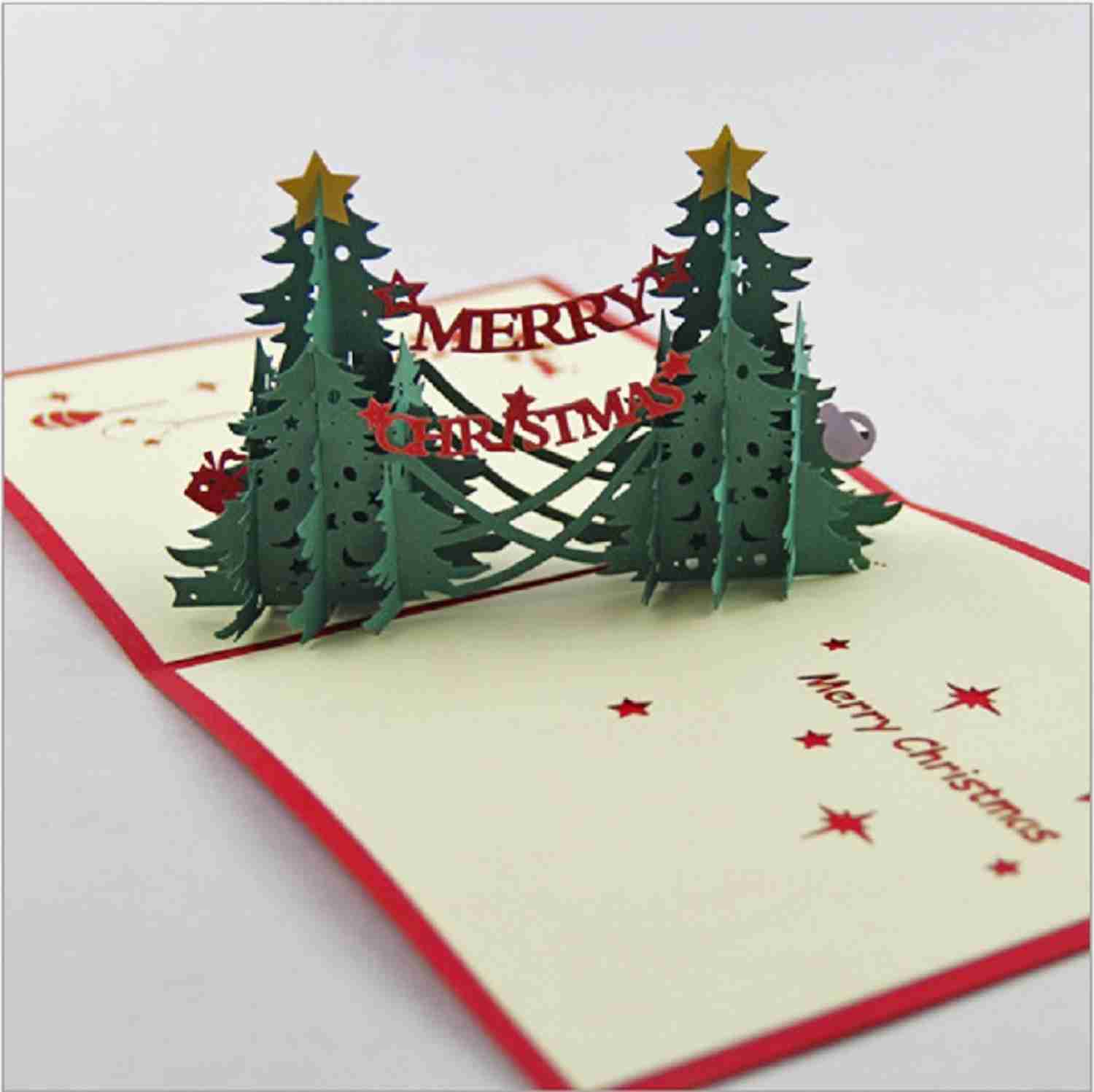 Handmade 3D pop up christmas card pine tree twin star farmhouse country ...