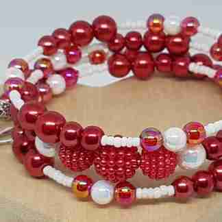 Red & White Beaded Memory Wire Bracelet with Knitting Charms - B161