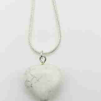 White Howlite Gemstone Puff Heart Necklace on 20" Silver Chain (T010)