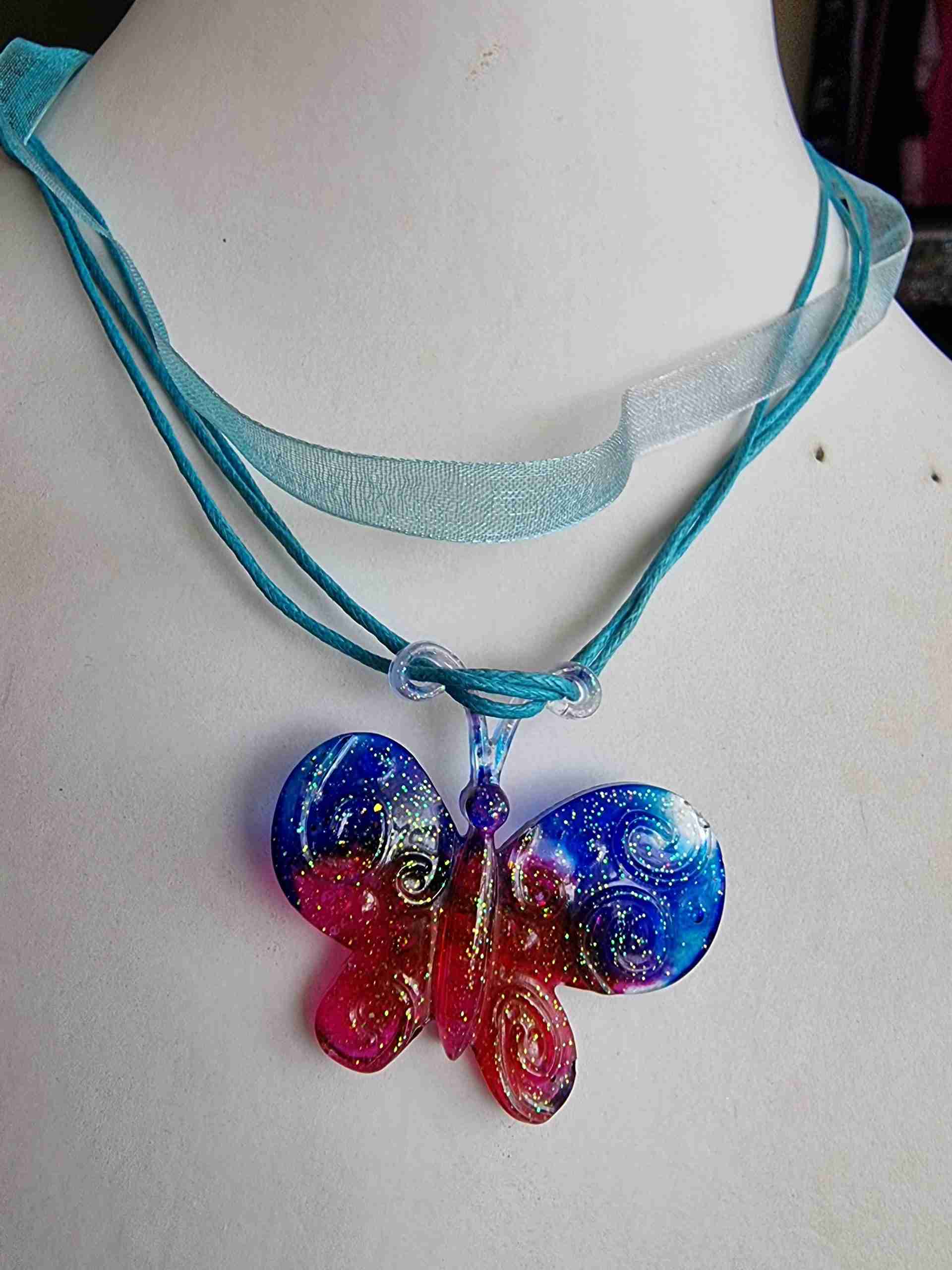 pink and blue glittery butterfly necklace - Image 4