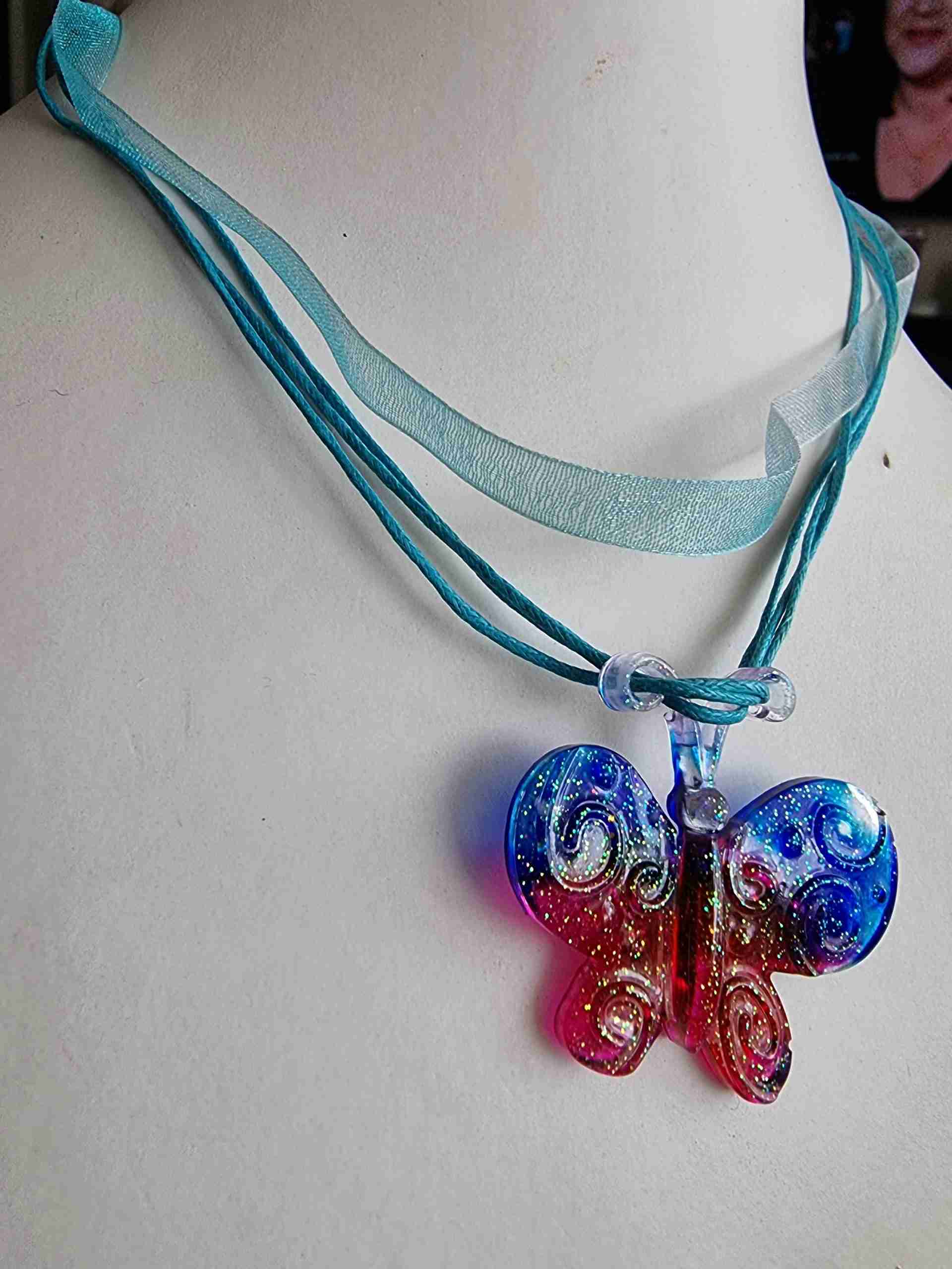 pink and blue glittery butterfly necklace - Image 2