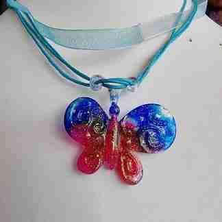 pink and blue glittery butterfly necklace