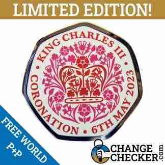 Official Coronation Logo Pink/Red Design 2023 50p novelty shaped coins limited edition from TGBCH