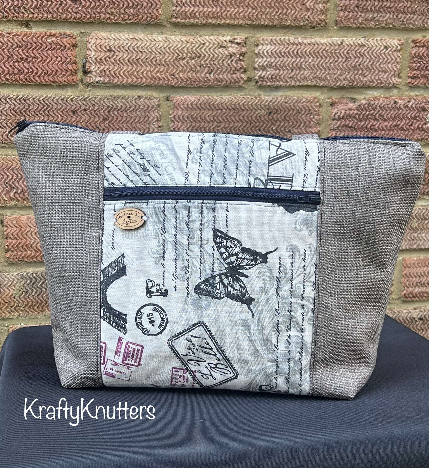 Handmade Vintage Fabric Handbag with Slate Grey Accent Side Panels - Image 2