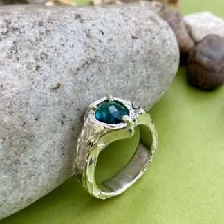 sterling silver handmade stone set ring with blue/green tourmaline gem