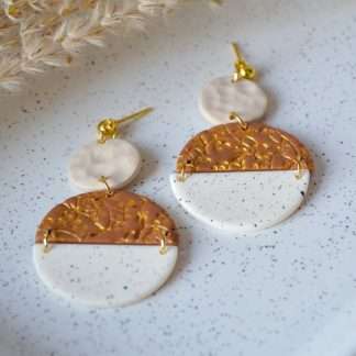 clay and jewel earth speckle polymer clay half circle ball stud stainless steel gold plated earrings