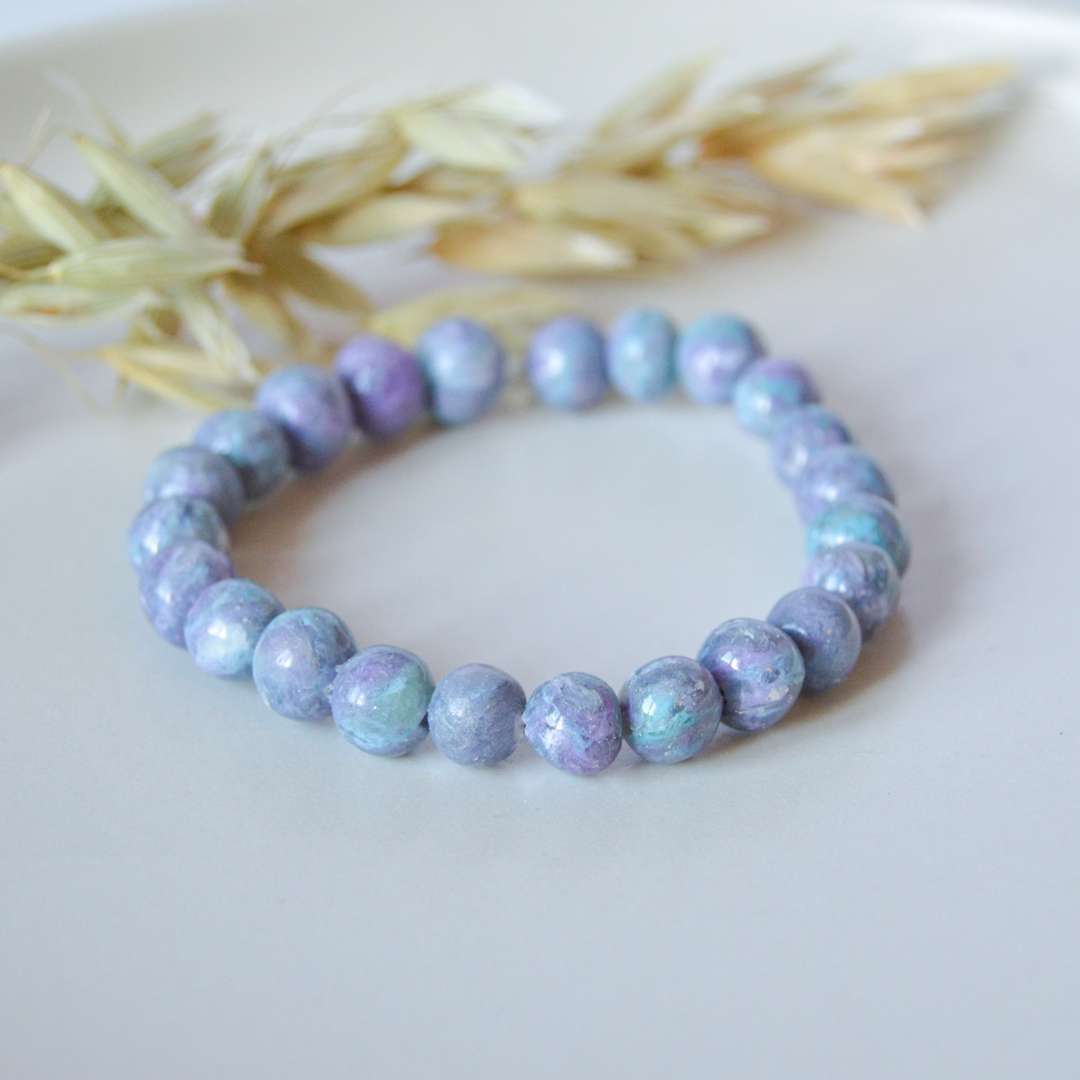 clay and jewel polymer clay beaded bracelet crystal sea foam colours close up