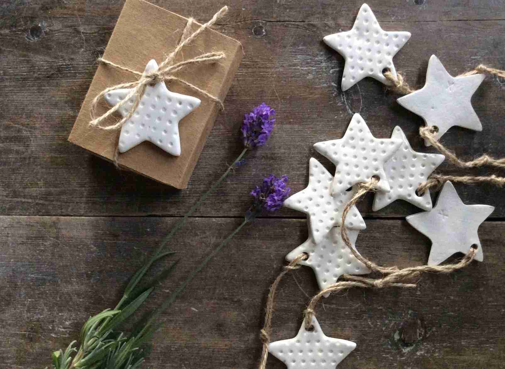 50 x Handmade Ceramic white stars ornament, made with white clay