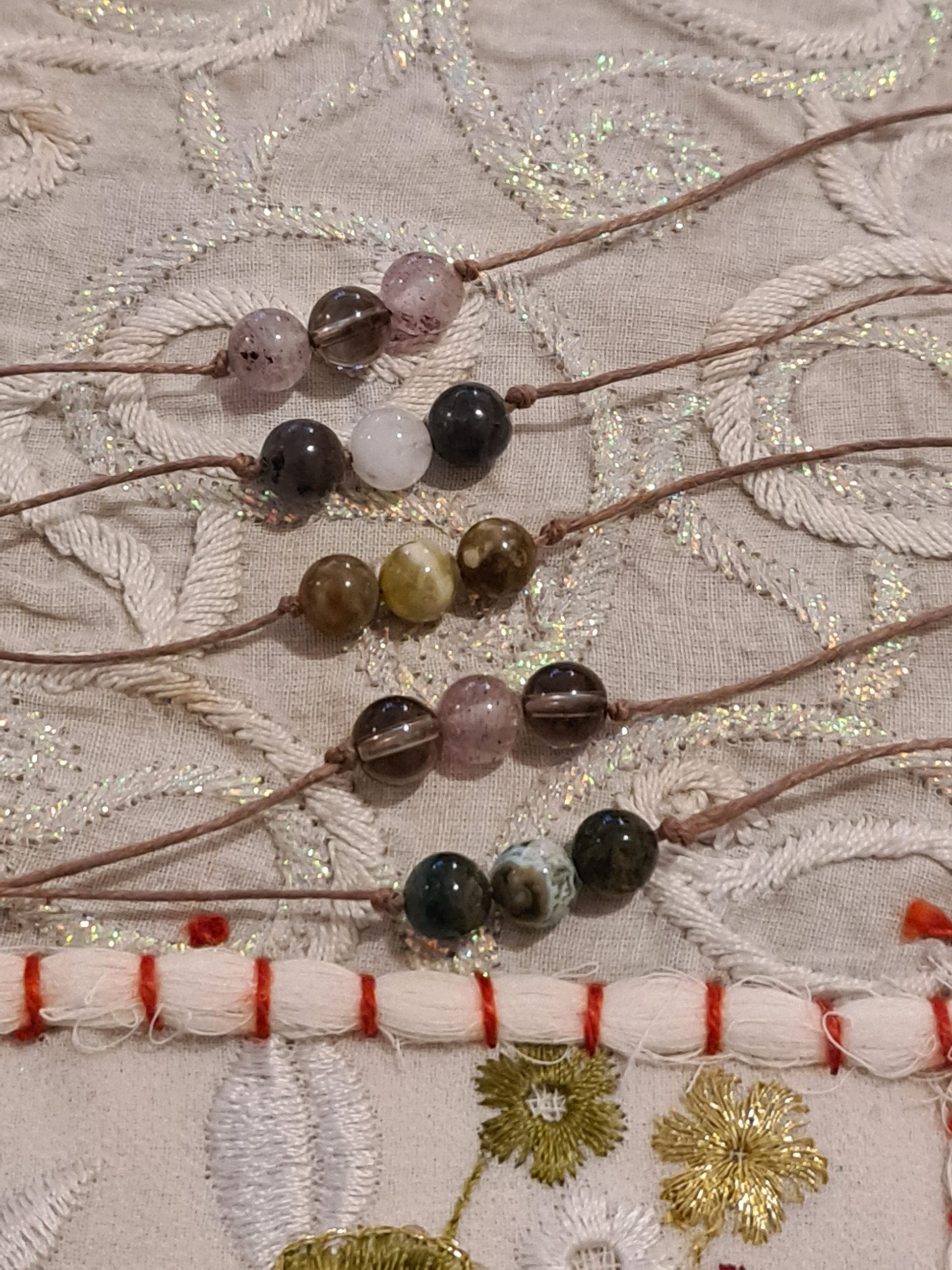 LARVIKITE & RAINBOW MOONSTONE HEMP FRIENDSHIP BRACELET * BEADED CRYSTAL / GEMSTONE WRISTBAND