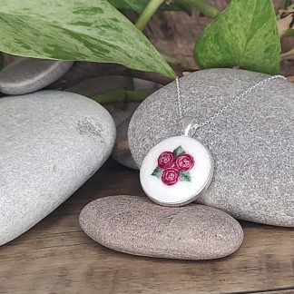 Burgundy Rose Bouquet Hand Embroidered Pendant Necklace