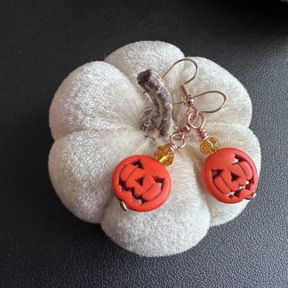 Orange Halloween Howlite Pumpkin, Jack O Lantern Earrings - Rose Gold - by Tanmade With Love