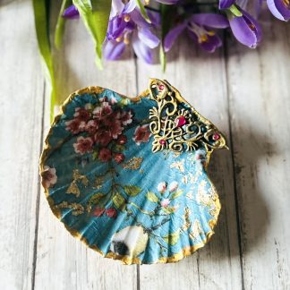 Handmade Vintage Style Cherry Blossom Print & Gold Lustre Scallop Shell Jewellery Trinket Dish Gift