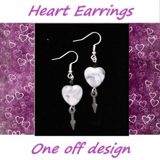 Black and White Heart and Silver Coloured Metal Clock Hand drop earrings - one off design