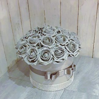Flower Hat Box, Flower Arrangement, Grey Hat Box with foam roses, Flower Gifts, Mother Day Flower, Valentines Flowers