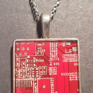 Square necklace made from recycled computer motherboard red