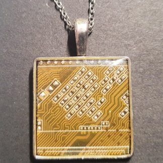 Square necklace made from recycled computer motherboard gold colour