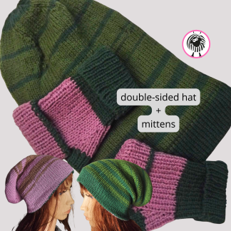 Hand-Knitted Reversible Hat and Fingerless Mittens Set – Green & Pink Wool