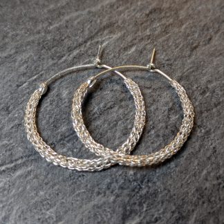 Hand woven fine silver 30mm hoop earrings