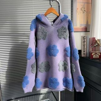 3D Floral Knitted Hoodie Sweater - Lilac