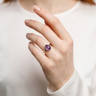 ‘Purple Rain’ teardrop purple gem silver ring. Size R