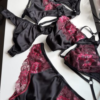Men’s Black Matte Satin & Red Wine Embroidered Lace Underwear | Handmade | 6 Styles