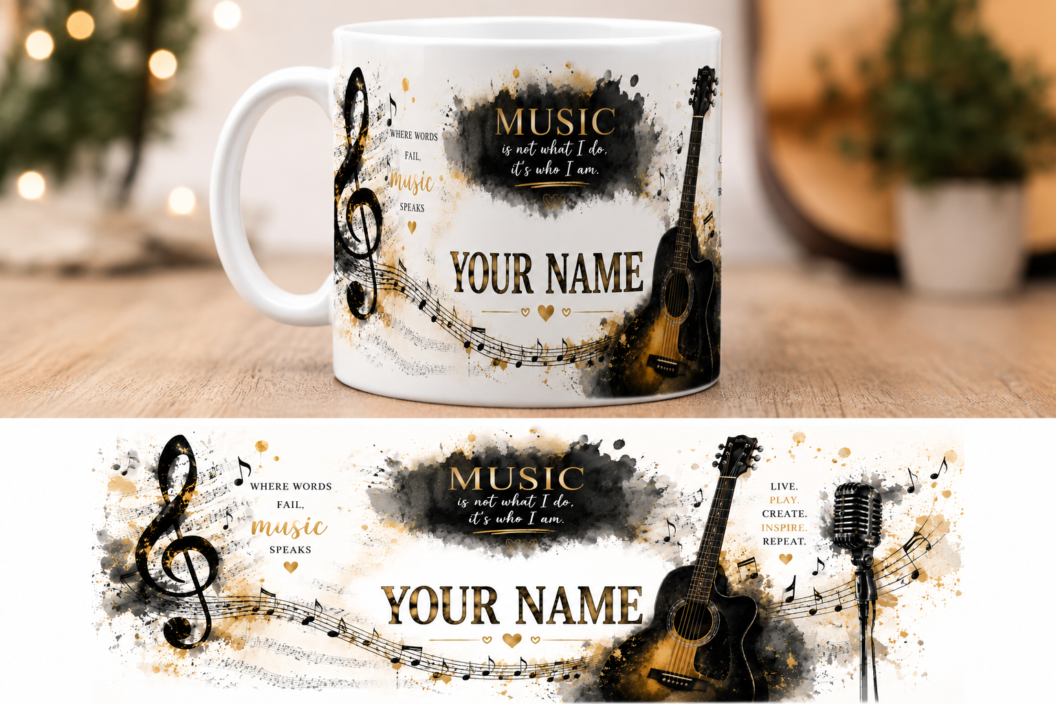 Personalised Musician Mug – Any Name – Guitar & Microphone Design