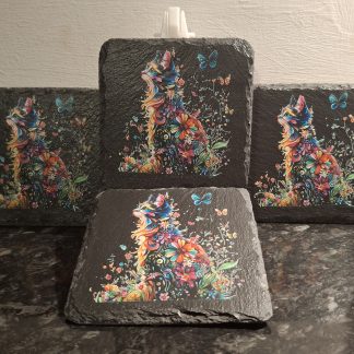 Vibrant Floral Cat Slate Coasters – Set of 4