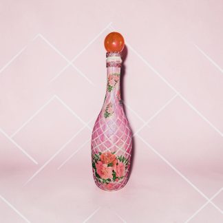 Upcycled Pink Floral Bottle with Rhinestones & Handmade Resin Topper