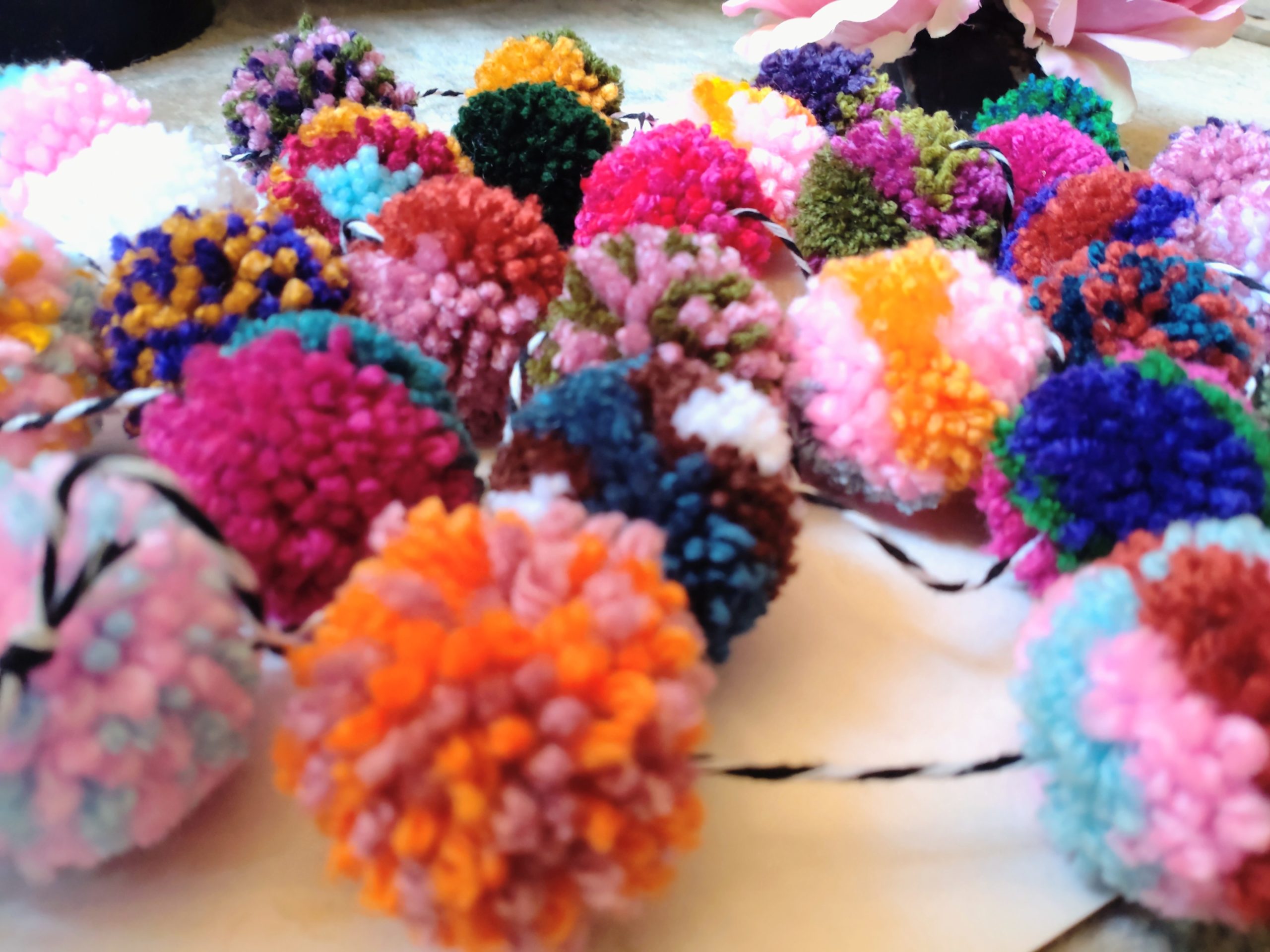 Wool Pompom Garland, Mixed Colours, Handmade, Eclectic Bohemian Interiors, 265cm.