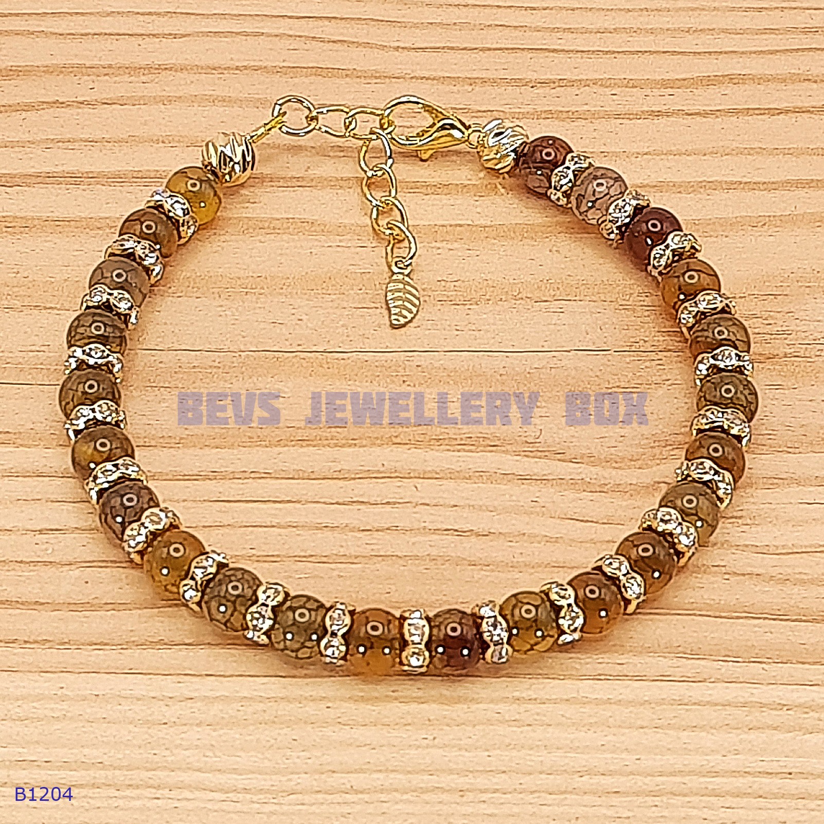 Yellow Dragon Vein Agate Bracelet with a Golden Leaf Charm - B1204