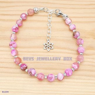 Rose Pink Dragon Vein Agate Bracelet with a Lotus Leaf Charm - B1209