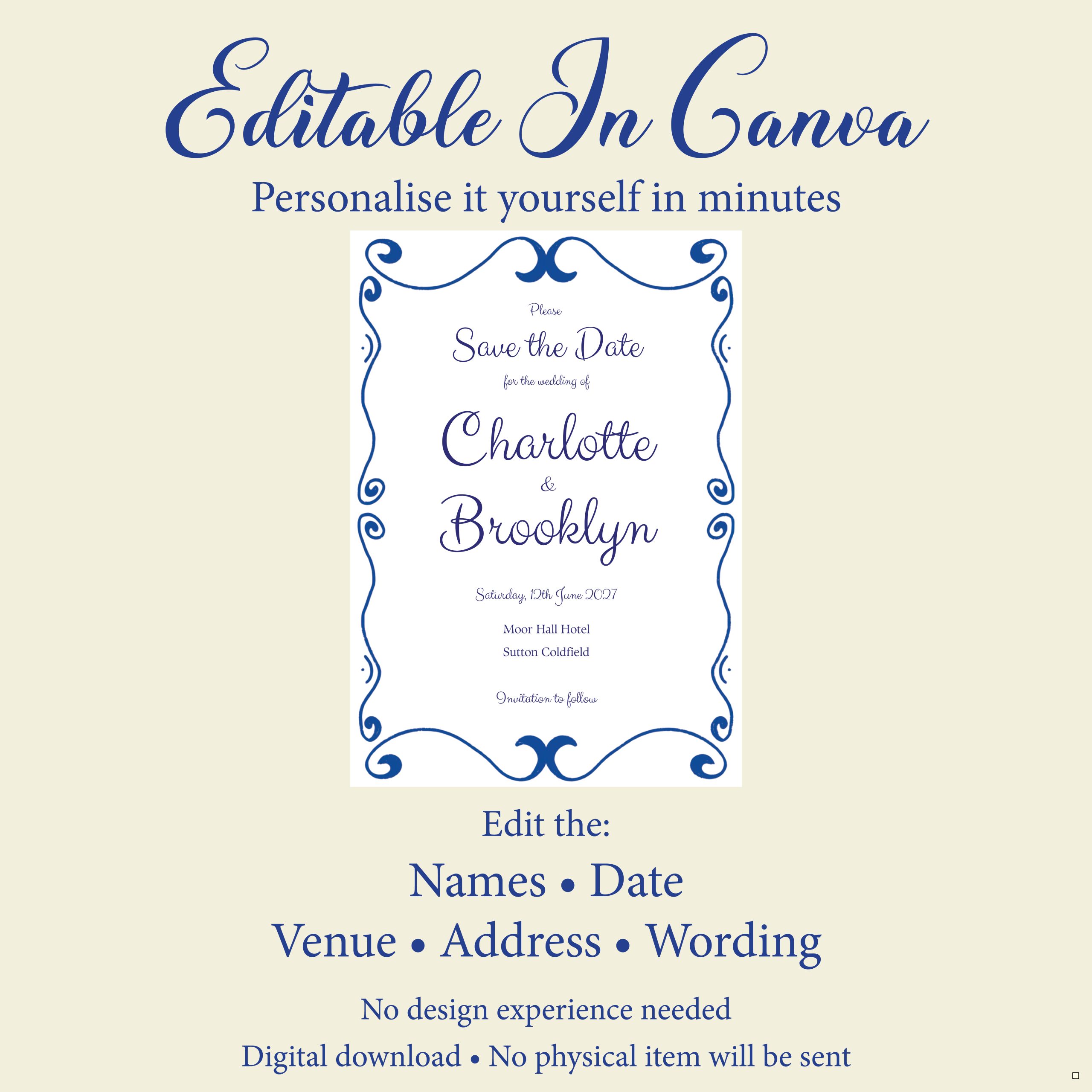 Editable Blue Save the Date Template | Printable Canva Wedding Card - Image 2