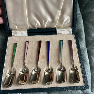 1940s Barker Brothers Silver Gilt Enamel Teaspoons Set of 6, Boxed Birmingham Silver, Antique Demitasse Spoons Gift