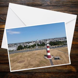 Smeaton's Tower & Fairground Lights A6 Landscape Greeting Card | Plymouth Hoe Maritime Heritage | Night Scene Observation Wheel Lighthouse
