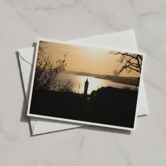 Sunset Silhouette Tower Coastal Landscape Card, Golden Dusk Bay View, A6 Greeting Card