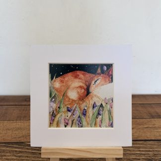 Mounted Nocturnal Resting Red Fox Art Print Watercolour Wildlife Meadow Wall Decor