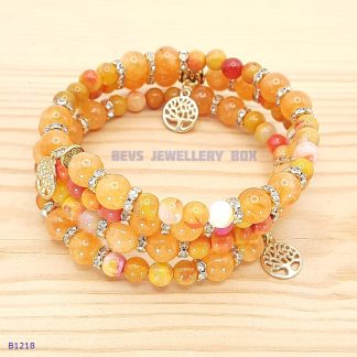 Orange Agate Wraparound Bracelet with Golden Tree of Life Charms - B1218