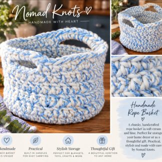 Handmade Cream & Blue Crochet Basket